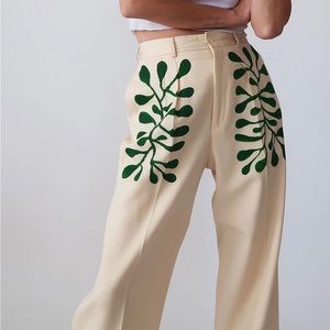 Hand-painted vintage pleated trousers, ivory + green botanicals, 27”, high rise